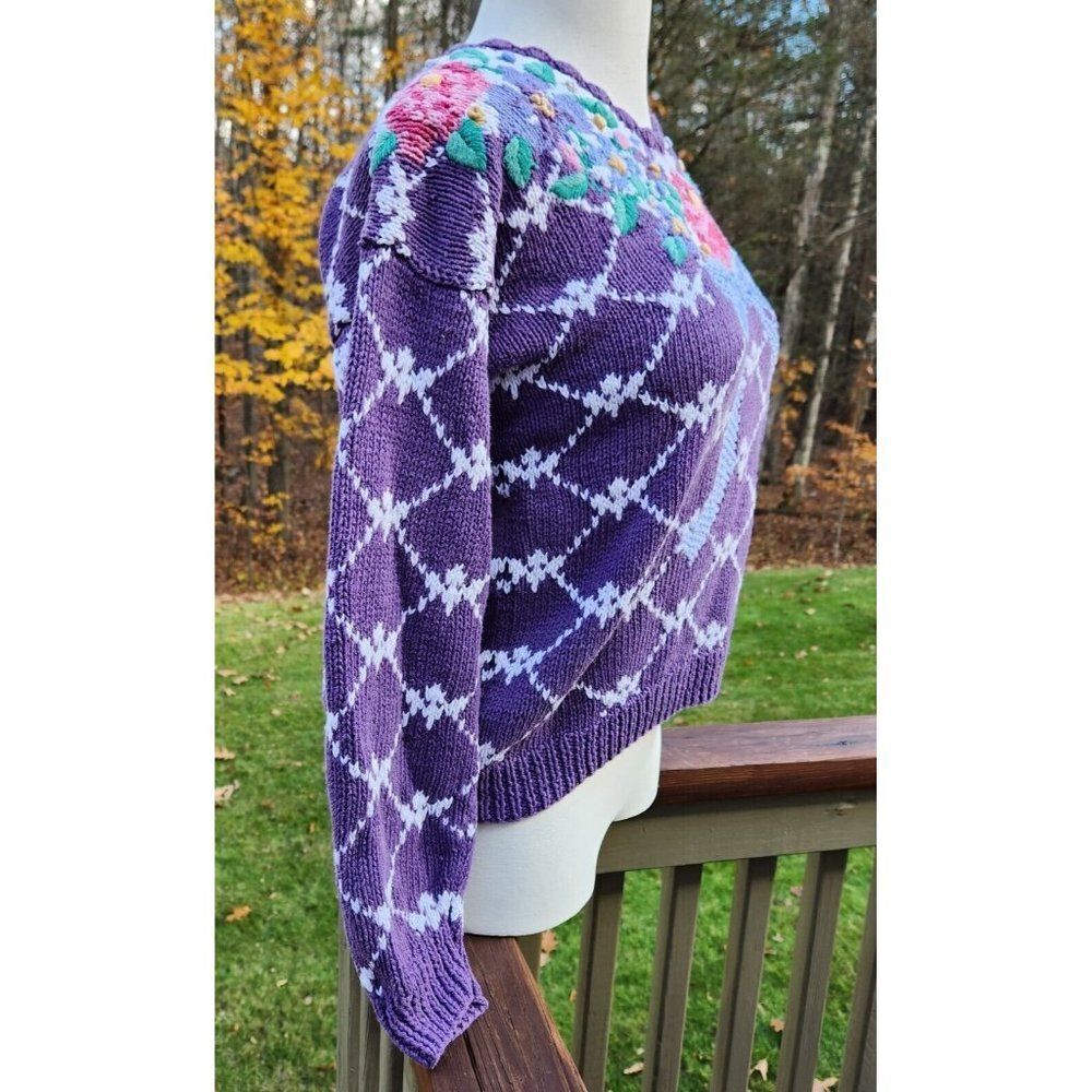 Signatures By Northern Isles Sweater 1990s Floral Bow Hand Knit Cotton Medium - Picture 5 of 7